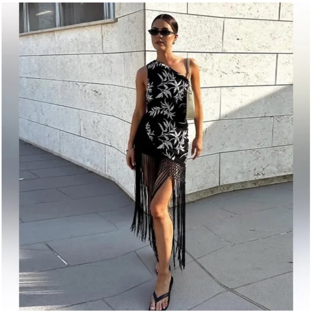 ZARA ASYMMETRIC EMBROIDERED TASSEL FRINGE TOP DRESS